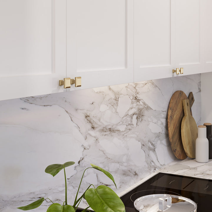 Atlas Sweetbriar Lane Length Square Knob, Warm Brass, room setting